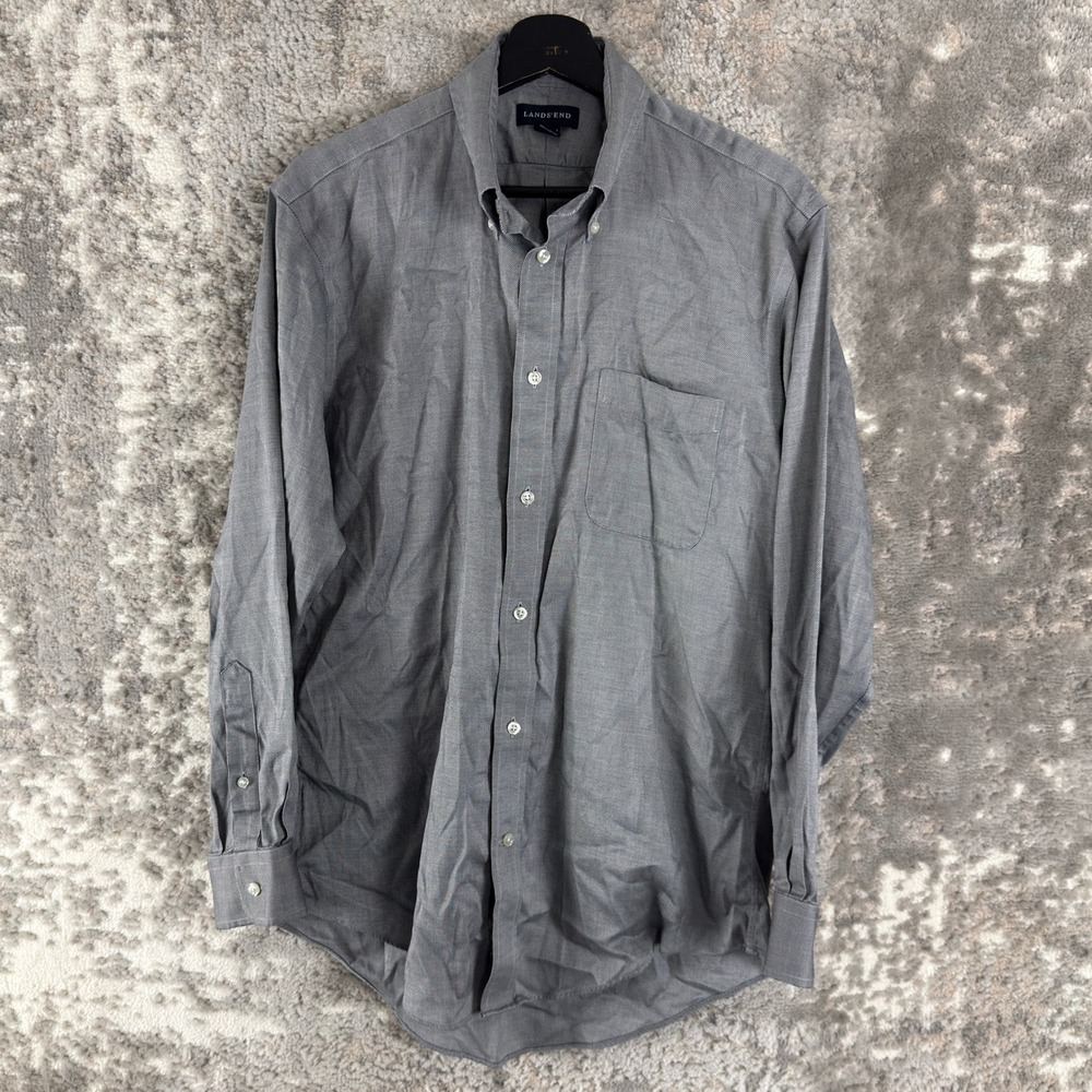 Lands' End Size 15.5-33 Tailored Fit No Iron Button Down Shirt Gray LS Men